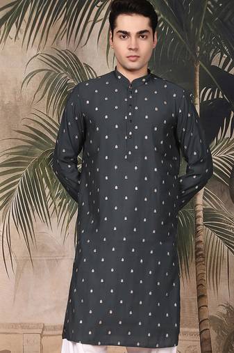 Grey silk blend embroidred kurta for men