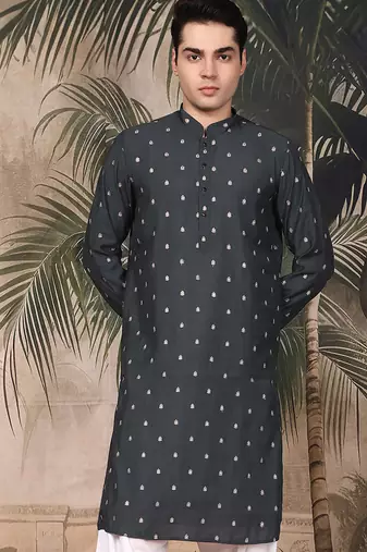 Grey silk blend embroidred kurta for men