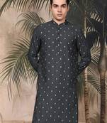 Grey silk blend embroidred kurta for men
