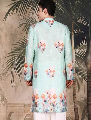 Green silk blend embroidred kurta for men 4