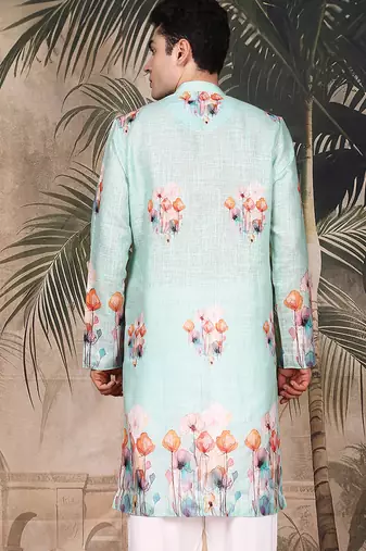 Green silk blend embroidred kurta for men