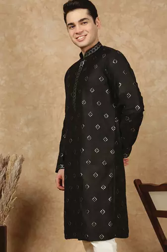 Black cotton printed kurta for men