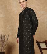 Black cotton printed kurta for men