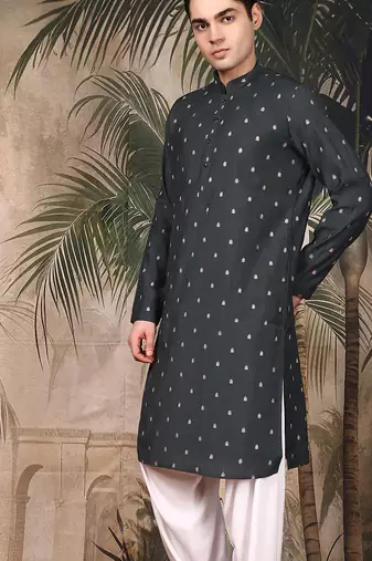Grey silk blend embroidred kurta for men
