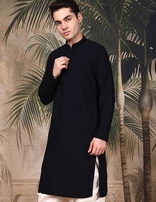 Blue silk blend embroidred kurta for men 1