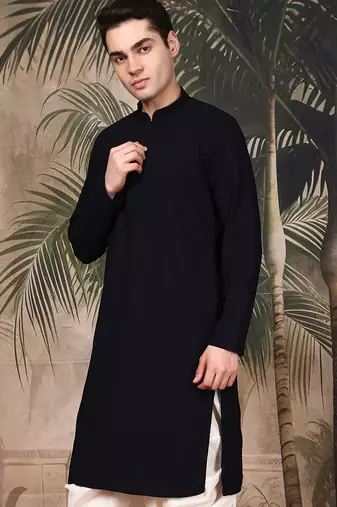 Blue silk blend embroidred kurta for men