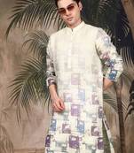 Beige silk blend embroidred kurta for men