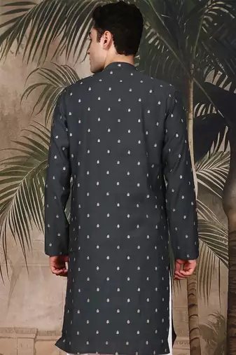 Grey silk blend embroidred kurta for men
