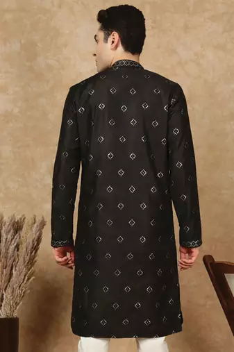 Black cotton printed kurta for men