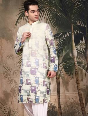 Beige silk blend embroidred kurta for men 2