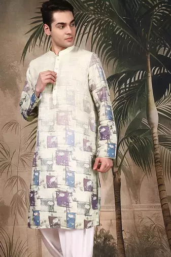 Beige silk blend embroidred kurta for men
