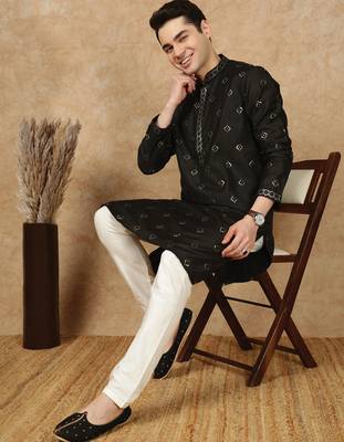 Black cotton printed kurta for men 5