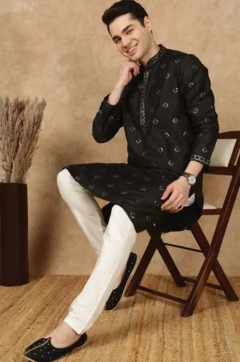 Black cotton printed kurta for men