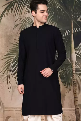 Blue silk blend embroidred kurta for men