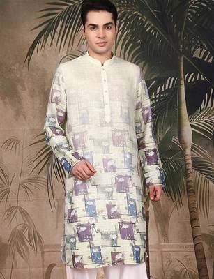Beige silk blend embroidred kurta for men 3