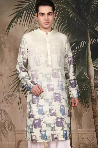 Beige silk blend embroidred kurta for men