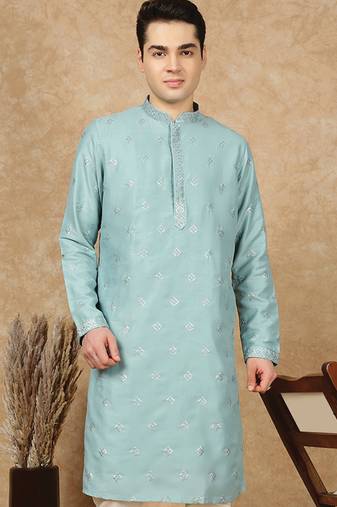 Green cotton printed kurta for men