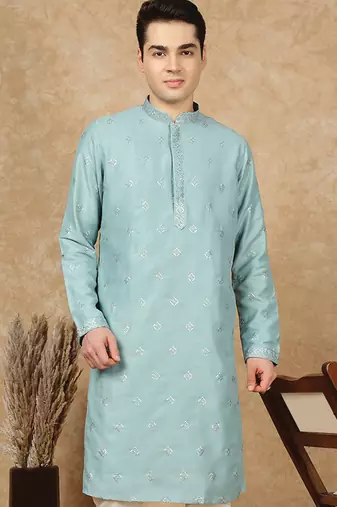 Green cotton printed kurta for men
