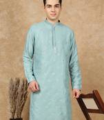 Green cotton printed kurta for men