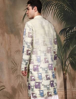 Beige silk blend embroidred kurta for men 4