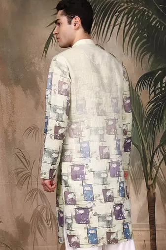 Beige silk blend embroidred kurta for men