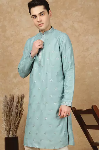 Green cotton printed kurta for men