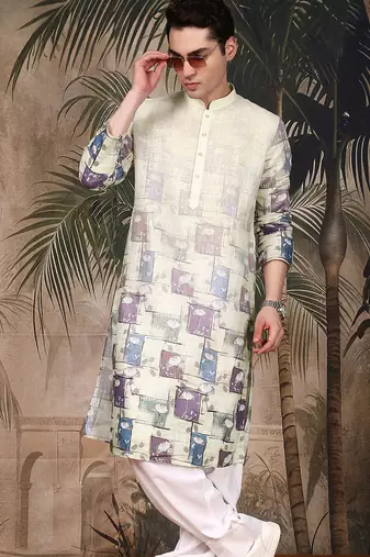 Beige silk blend embroidred kurta for men
