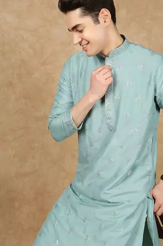 Green cotton printed kurta for men