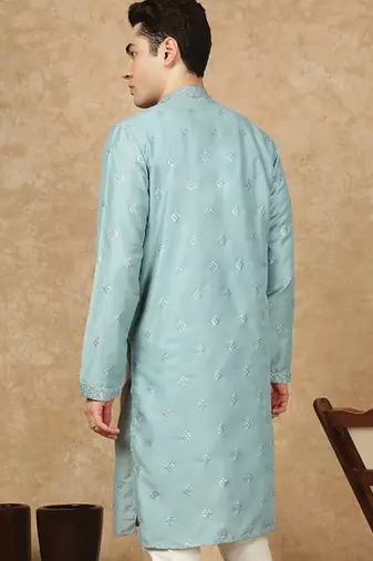 Green cotton printed kurta for men
