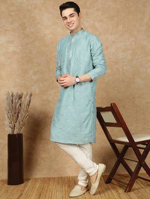 Green cotton printed kurta for men 5