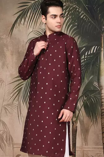 Maroon silk blend floral kurta for men