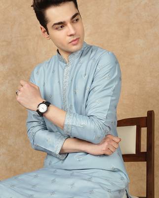 Blue cotton solid kurta for men 1