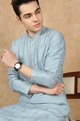 Blue cotton solid kurta for men