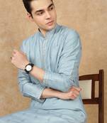 Blue cotton solid kurta for men