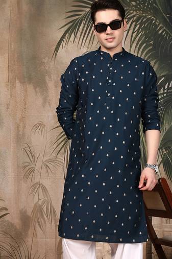 Blue silk blend floral kurta for men