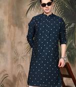 Blue silk blend floral kurta for men
