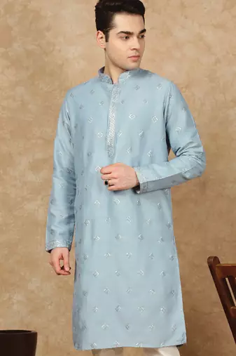 Blue cotton solid kurta for men