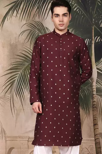 Maroon silk blend floral kurta for men