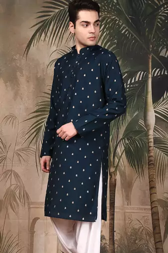 Blue silk blend floral kurta for men