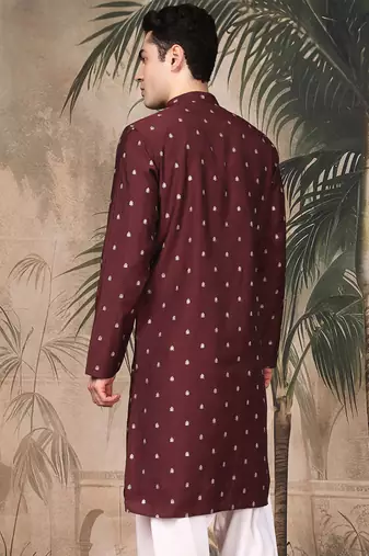 Maroon silk blend floral kurta for men