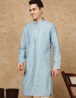 Blue cotton solid kurta for men 3