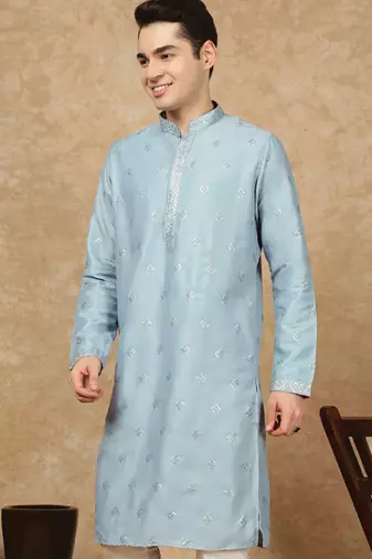 Blue cotton solid kurta for men