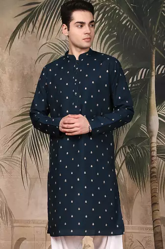 Blue silk blend floral kurta for men