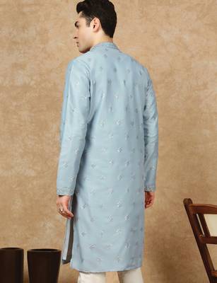 Blue cotton solid kurta for men 4