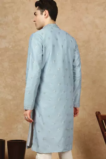 Blue cotton solid kurta for men