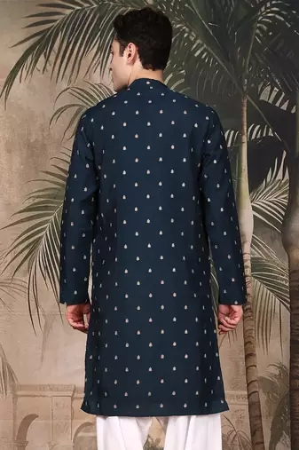 Blue silk blend floral kurta for men