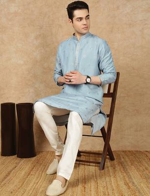 Blue cotton solid kurta for men 5