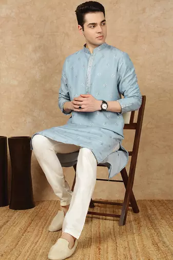 Blue cotton solid kurta for men