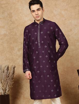 Purple cotton solid kurta for men 1