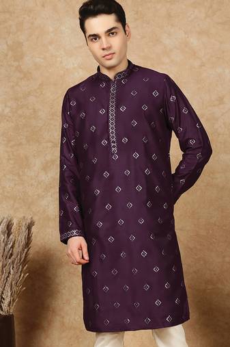 Purple cotton solid kurta for men